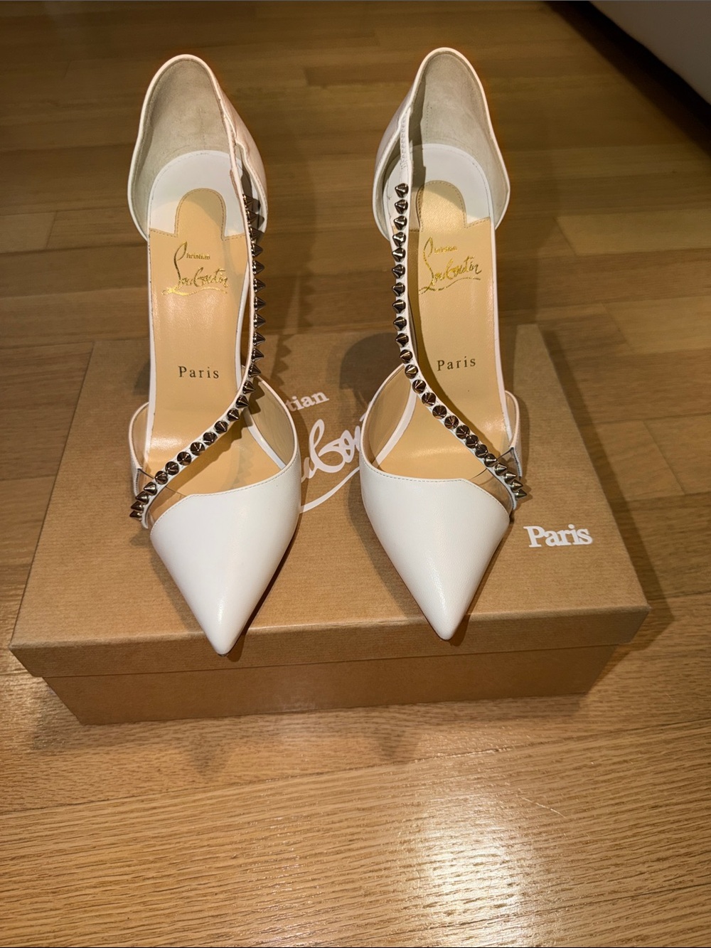Christian Louboutin White Pointed Pumps with Silver Studded Strap